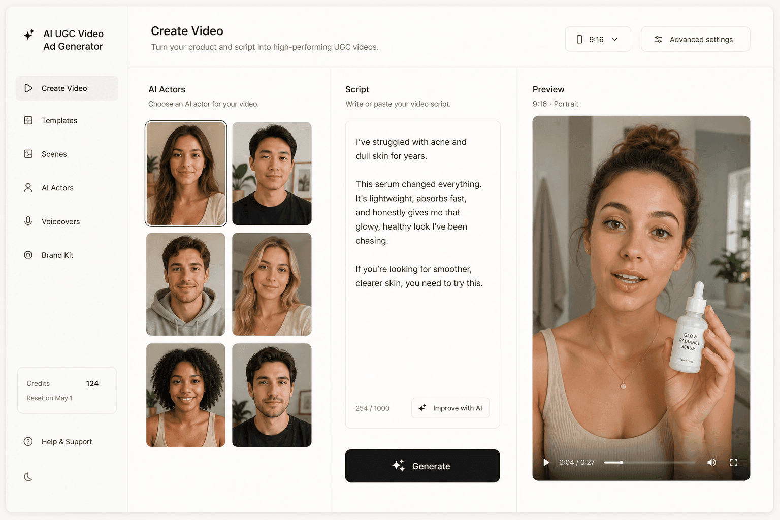 The Novoads app: pick an AI actor, write a script, generate a UGC ad