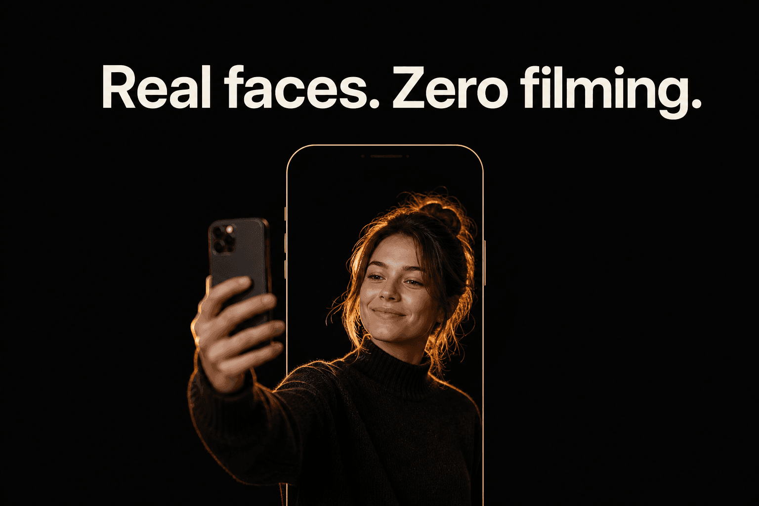 An AI-generated UGC-style creator filming herself on a phone